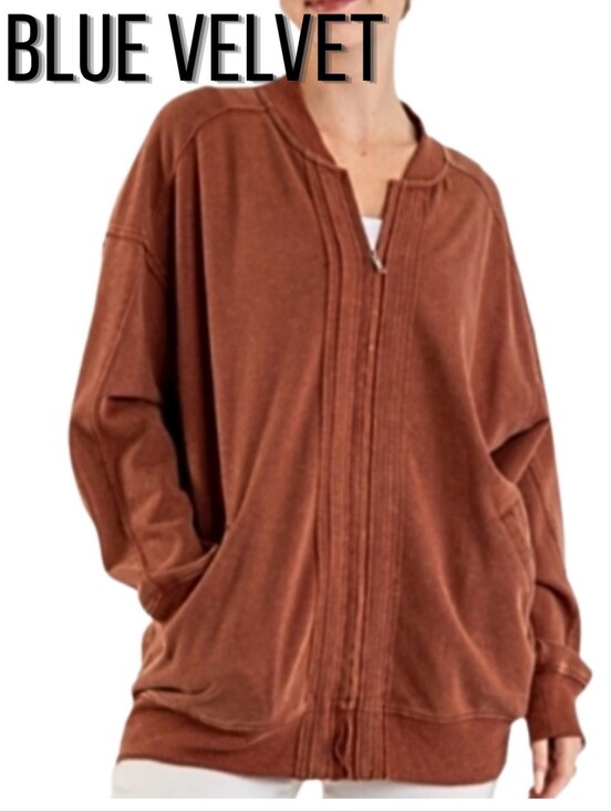 Bluevelvet Sweaters - Cotton Blend Lightweight Zip Oversized Small Med Sweatshirt Jacket Ginger Brown